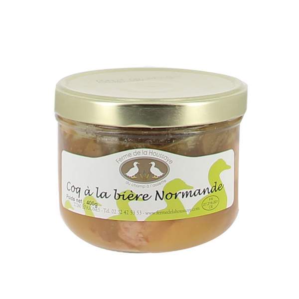 Produit du terroir normand, le coq à la bière normande de la ferme de la Houssaye conserve de 400g
